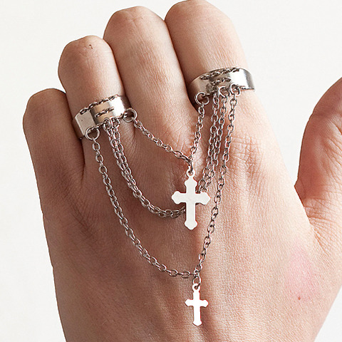 Cinkensta Silver Chain Cross Two 2 Finger Ring Double Adjustable :  2 chain two finger ring silver