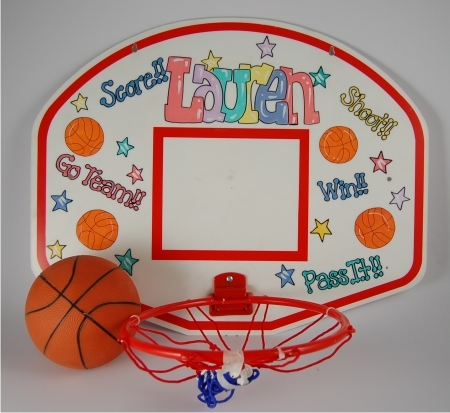basketball hoop and ball. Hand painted asketball hoop and all, can be hung over a door or directly to the wall. It includes design of your choice.